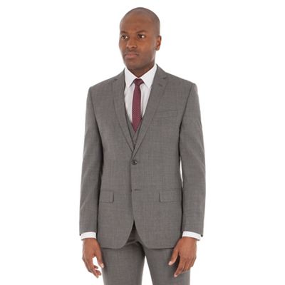 Grey textured wool blend tailored fit suit jacket
